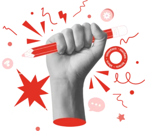 Hand hält Stift und Symbole für Kreativität und Start