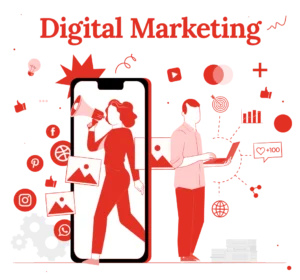 Illustration über Digital MArketing, die zwei Personen zeigen, die digital unterwegs sind