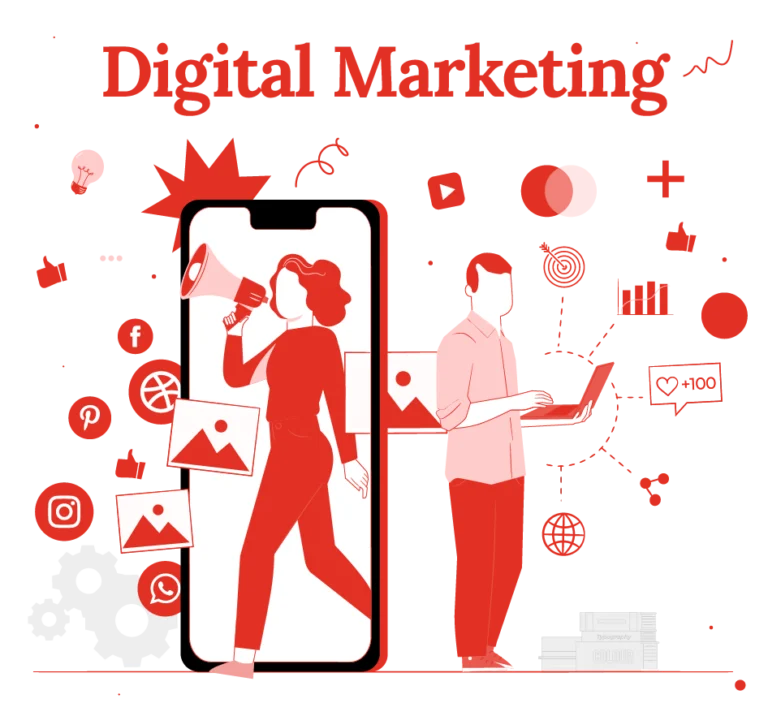 Illustration über Digital MArketing, die zwei Personen zeigen, die digital unterwegs sind