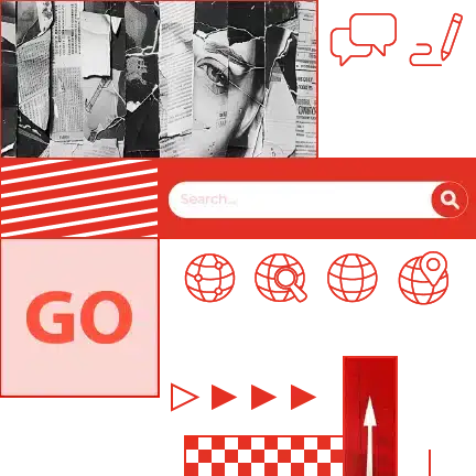 Collage in rot auf weissemHintergrund