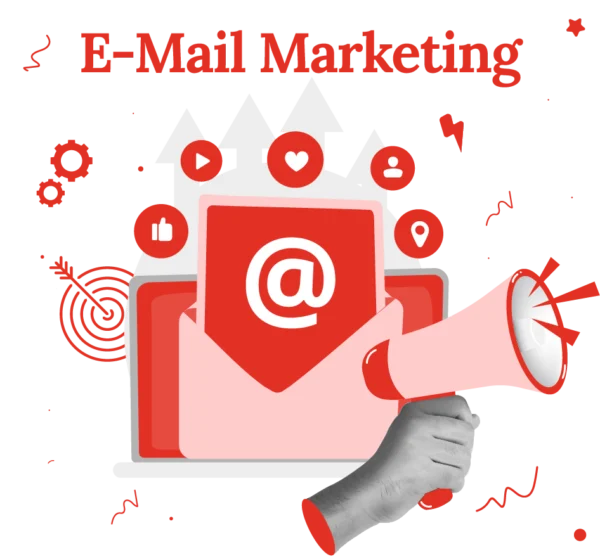 Illutsration zu E-Mail Marketing mit Icons und Lautsprecher für Werbung und Ansprache