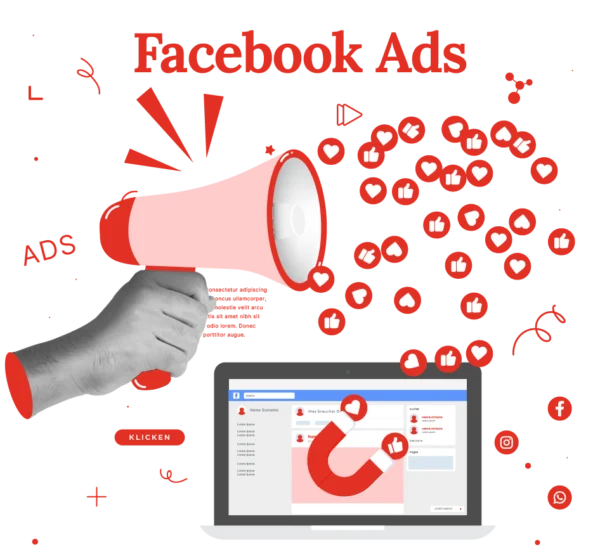 Illustration zu Facebook Ads als Magnet und Lautsprecher