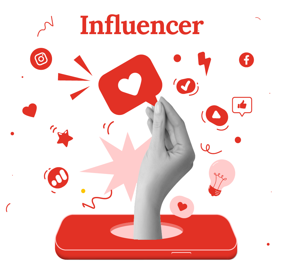 illustration zeigt verschiedene influencer-typen auf social media mit beispielen aus kosmetik, handwerk, gesundheit und design