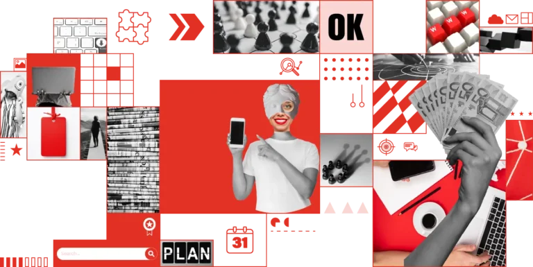 Collage-mit-Frau-Smartphone-Schachfiguren-fuer-Plan-und-Strategie