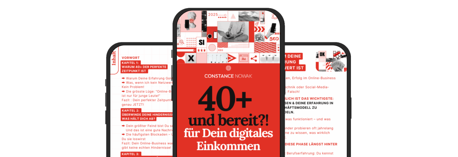 mockup von constance nowaks e-book 40* und bereit für dein digitales einkommen