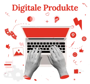 Illustration zeigt Hände am Laptop, die digitale Produkte erstellen