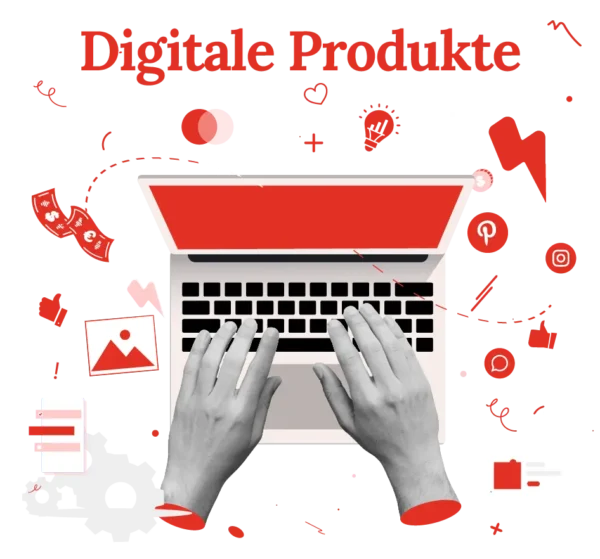 Illustration zeigt Hände am Laptop, die digitale Produkte erstellen
