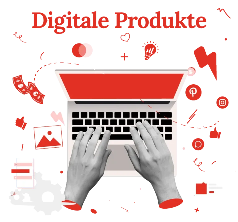 Illustration zeigt Hände am Laptop, die digitale Produkte erstellen