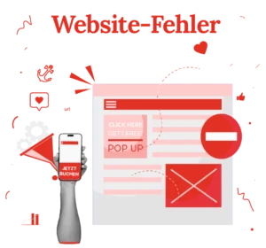 Illustration einer Checkliste mit typischen Webdesign-Fehlern wie unklare Navigation, schlechte Lesbarkeit und fehlende mobile Optimierung. Überschrift: ‚Besser gestalten = professioneller wirken‘. Die Grafik richtet sich an Solo-Selbstständige, die ihre Website selbst verbessern wollen.