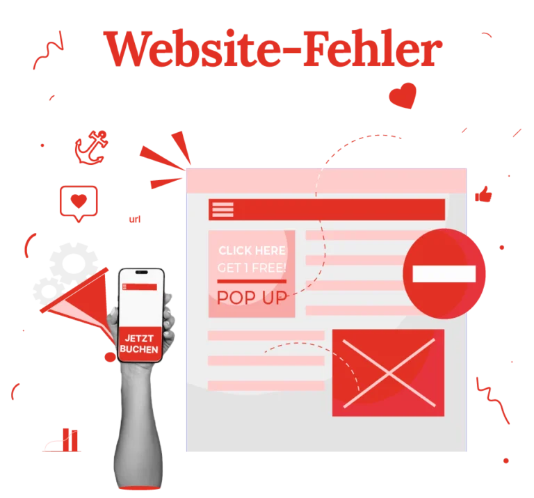 Illustration einer Checkliste mit typischen Webdesign-Fehlern wie unklare Navigation, schlechte Lesbarkeit und fehlende mobile Optimierung. Überschrift: ‚Besser gestalten = professioneller wirken‘. Die Grafik richtet sich an Solo-Selbstständige, die ihre Website selbst verbessern wollen.