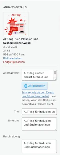 ALT-Tag einfach erklärt: Warum Bildbeschreibungen für SEO und Barrierefreiheit wichtig sind 1 übersicht der anhang-details, um den alt-tag einzutragen