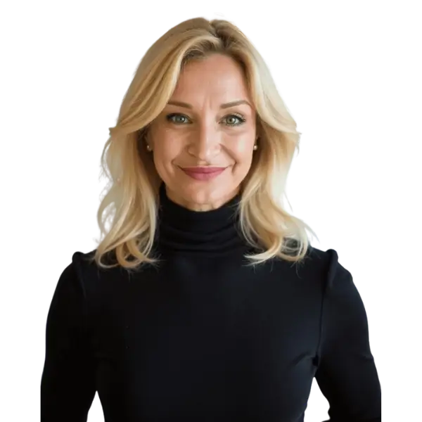blonde frau schaut lächelnd in die kamera