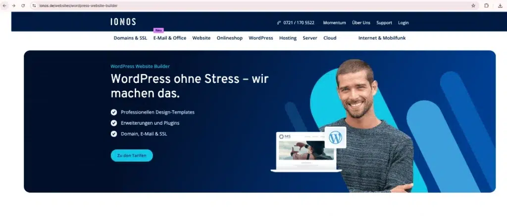 Die beliebtesten Website Baukästen im ehrlichen Vergleich – Teil 2 3 startseite von ionos "managed word press website builder"