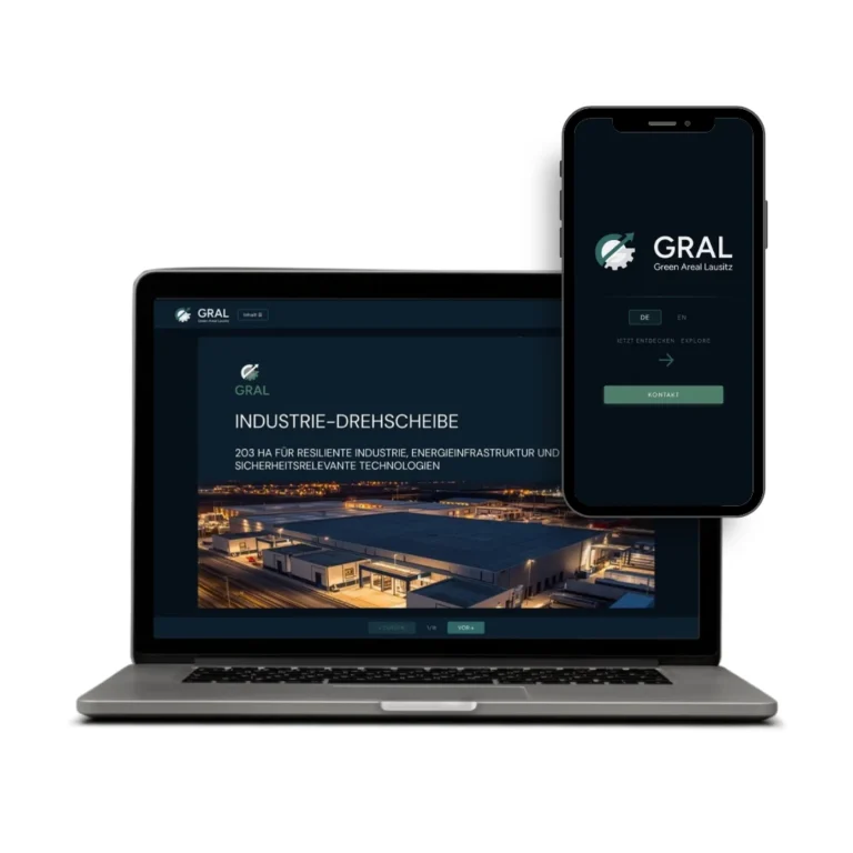 Logo und digitales Magazin GRAL Green Areal Lausitz auf Laptop und Smartphone