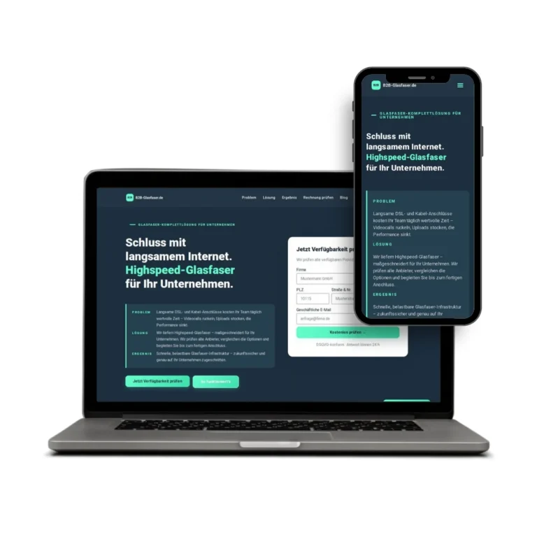 Website B2B-Glasfaser.de für Glasfaser-Anschlüsse im Unternehmen auf Laptop und Smartphone