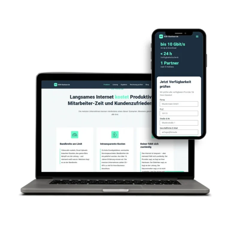 Website B2B-Glasfaser.de für Glasfaser-Anschlüsse im Unternehmen auf Laptop und Smartphone